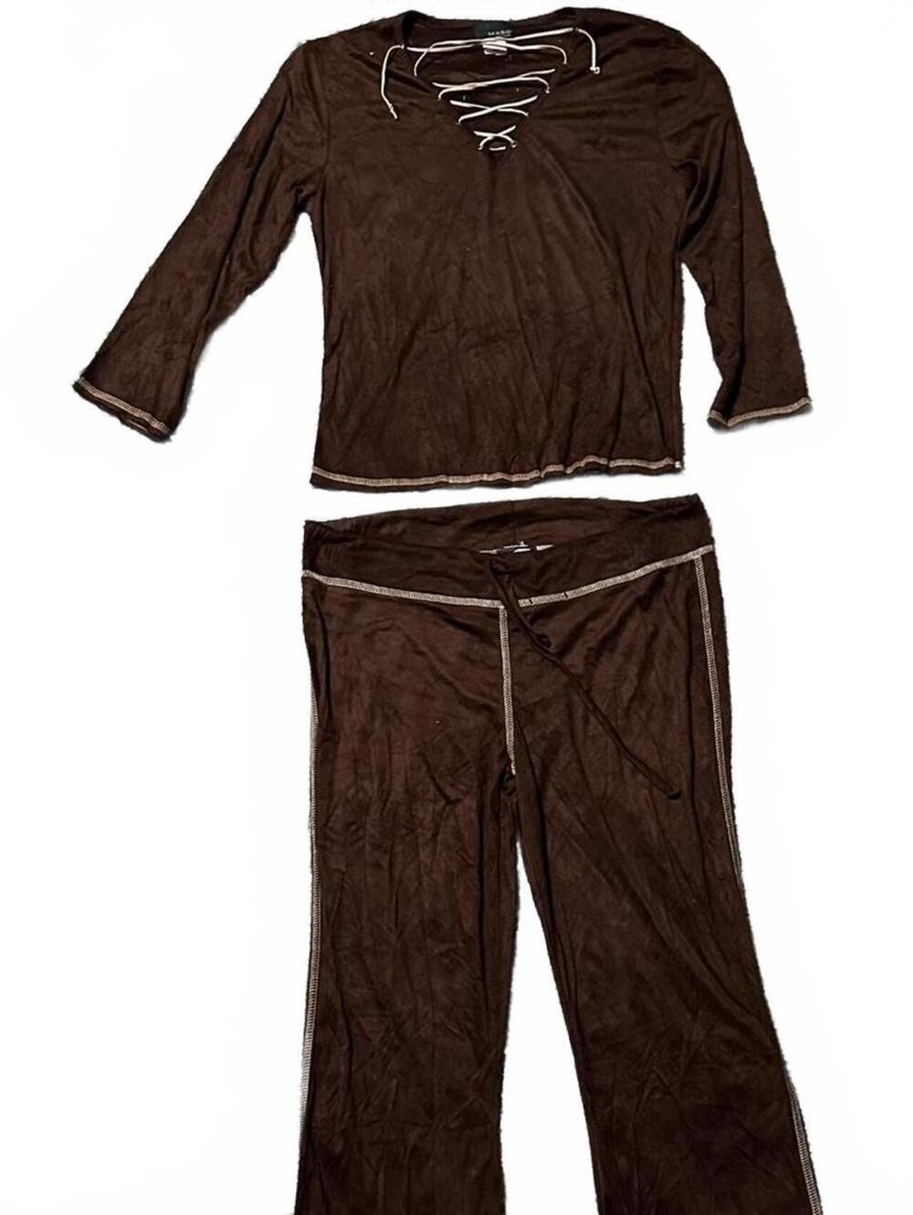 Y2K MASQ Brand Velvety Brown 2-Piece Outfit Low Rise Sweats and Top  Size L